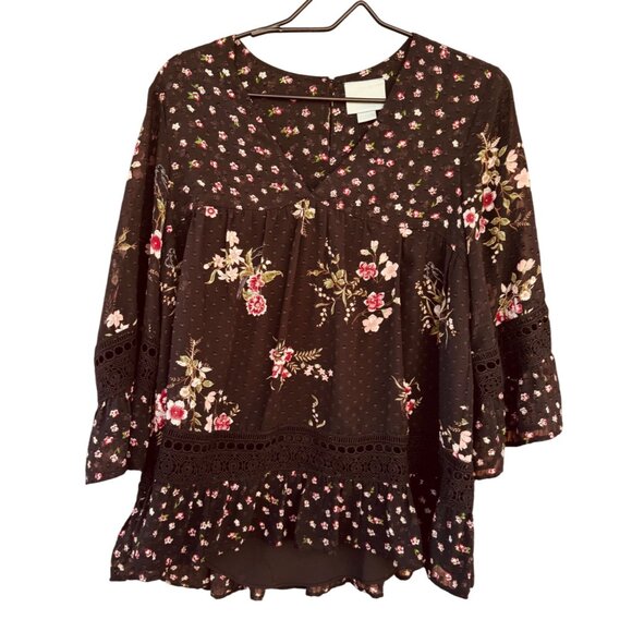 Maeve ANTHROPOLOGIE Small Floral Black Boho Top With Bell Sleeves & Crochet Trim - Picture 2 of 12